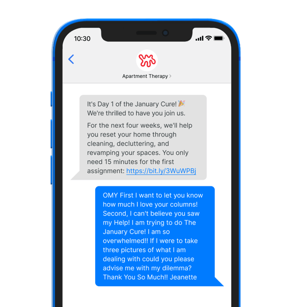 Blue iPhone with text from Apartment Therapy and subscriber response