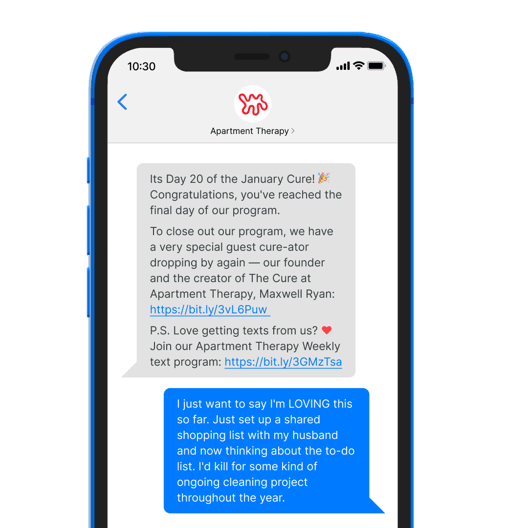 Blue iPhone with text from Apartment Therapy and subscriber response