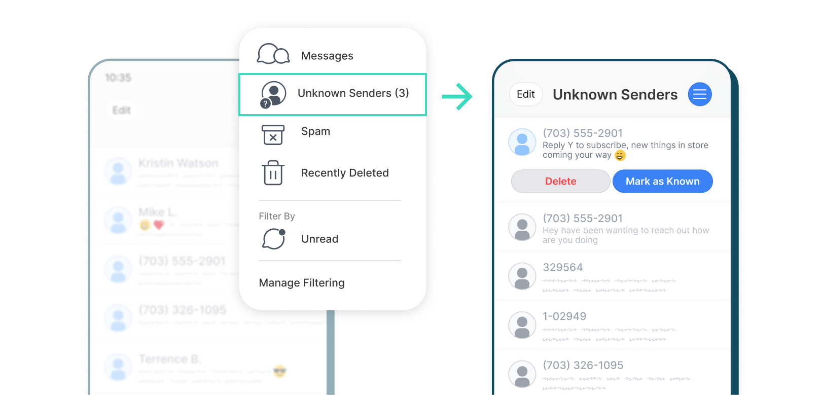 Illustration of an iPhone Messages app showing the “Unknown Senders” inbox, message filtering menu, and options to Delete or Mark as Known.